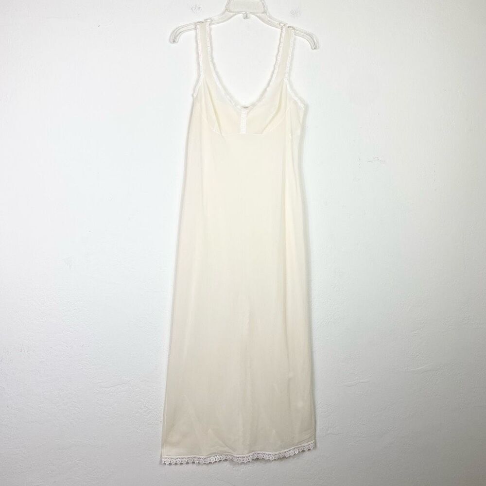 Vintage Vassarette Cream Ivory Lace Trim Slitted Back Hem Maxi SlipβDress Sz S